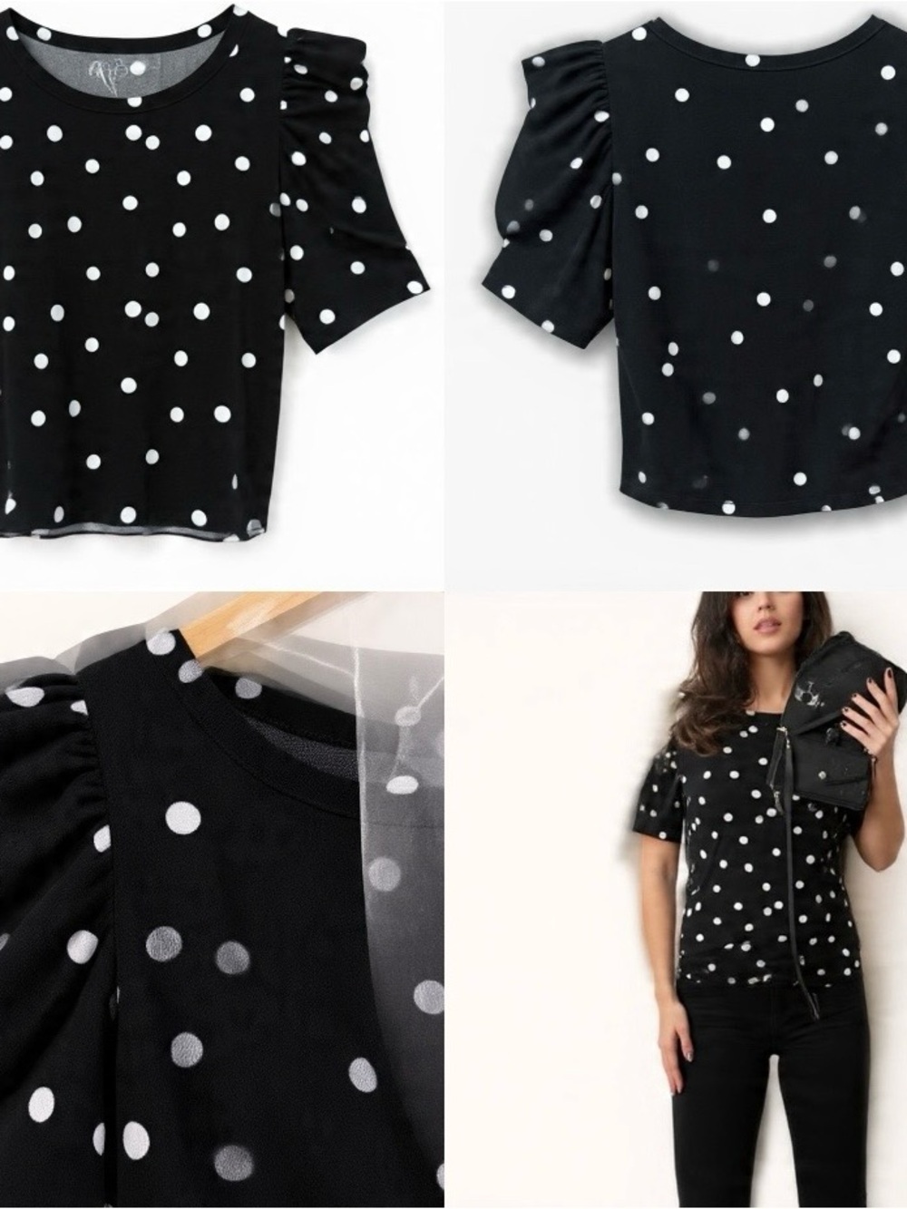 New York & Company Black and White Polka Dot Puff-Sleeve Tee